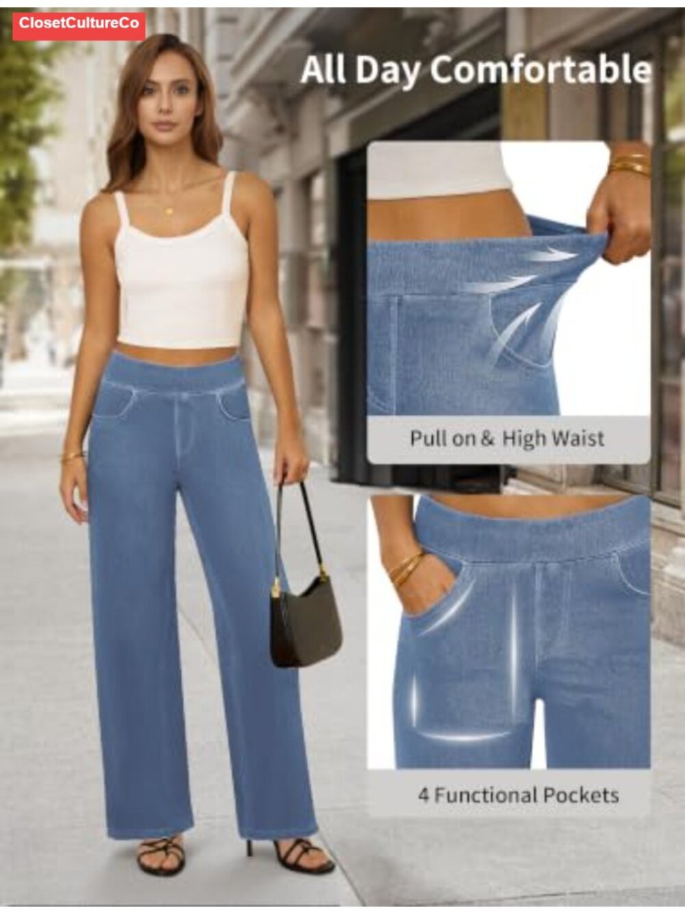 Wide Leg Stretchy Pull On Jeans High Waisted Denim Sweatpants - Picture 4 of 6